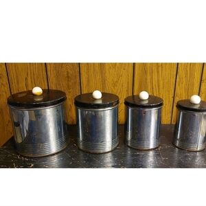Vintage 4 Metal Canister Set with Black Lids  Stainless Steel NC Colorware